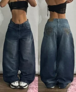 American Geometric Pattern Baggy Jeans for Women - Y2K Vintage Wide-Leg Pants