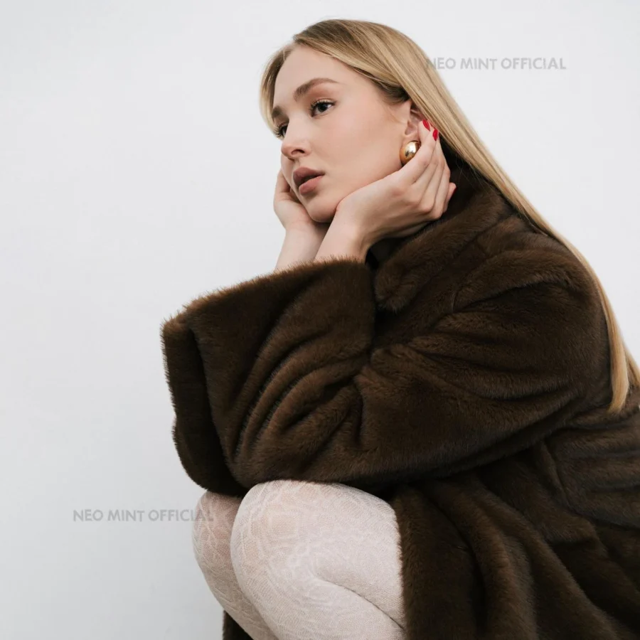 Neo Mint Luxury Faux Mink Fur Coat for Women - Long Warm Outerwear Jacket with Crystal Hooks - Image 5