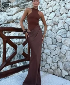 Julissa MO Satin Black Maxi Dress for Women - Sleeveless, High Waist, Elegant Party Wear