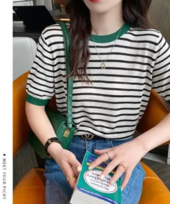 2025 Stripe Tops Women Knitted Round Collar Summer Print Short Sleeve Casual Simple Wild T-Shirt