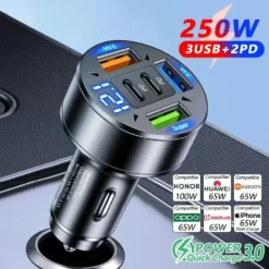 5-in-1 Car Charger with 250W Fast Charging, USB-C, PD, and QC3.0 for iPhone and Samsung Galaxy