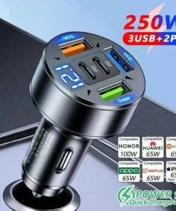 250W Fast Charging 5-in-1 Car Charger with USB-C, PD & QC3.0 for iPhone, Samsung Galaxy, and iPad Pro