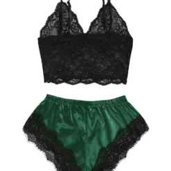 Alternative view of Satin Pajama Set with Lace Cami Top and Shorts for Women, Breathable Sleepwear in Black and Pink