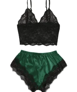 Alternative view of 2PCS Women's Satin Pajama Set Lace Cami Top and Shorts Sexy Lingerie Sleepwear Summer Breathable Nightwear Black And Pink