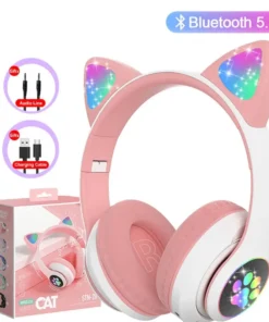 Flash Lamp Cute Cat Ears Headphone Bluetooth5.0 Stereo With Mic Support TF Card Wireless Kids Girl Earphone Birthday Gift