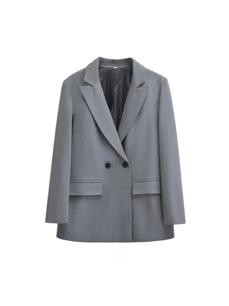 Women's Double Breasted Office Wear Blazer Coat, Long Sleeve, Flap Pockets, Female Outerwear, Chic Tops, Fashion - Image 2