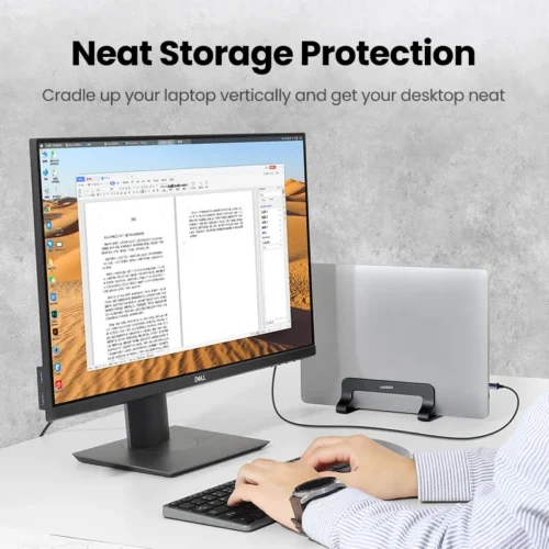 Alternative view of UGREEN Aluminum Vertical Laptop Stand for MacBook and Tablets - Portable and Space-Saving Support