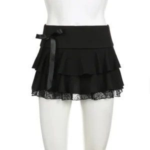 Gothic Black Mini Skirt with Lace Trim and Bow Detail for Women - black, S