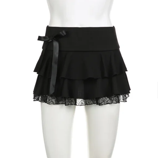 Gothic Black Mini Skirt with Lace Trim and Bow Detail for Women - Image 6