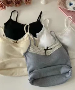 Women Camisole Tank Tops Sexy Bow Sleeveless Corset Top with Chest Pad Sweet Lace Patchwork Crop Tops Summer Slim Elegant Camis