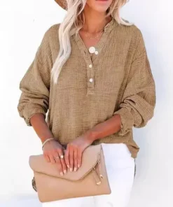 Blouses Women Casual Top Folds Long Sleeve Solid Color Button V Neck Summer Loose Shirt Breathable 2025 Office Lady Tops