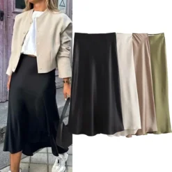 Satin Midi Skirt for Women with High Waist in Black Color