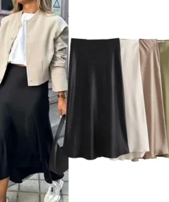 Willshela High Waist Black Satin Midi Skirt for Women
