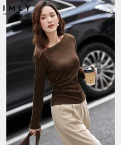 Alternative view of VIMLY Tops Woman 2025 Autumn French Slash Neck Long Sleeve Ladies T-shirts Casual Knitted Slim Fit Strecth Female Tees A3039
