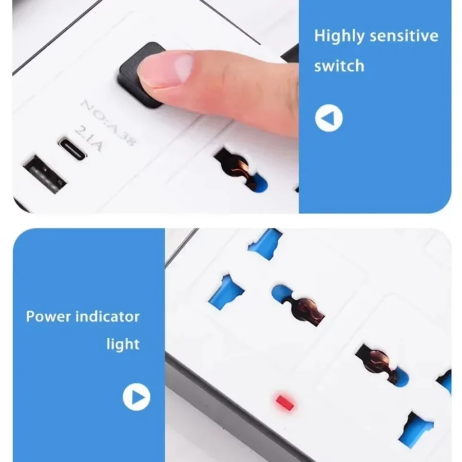 Universal Power Strip TypeC USB Port Outlet Power Strip 2M Extension Cord AC Power Socket Charge Electrical Socket EU US UK Plug - Image 3