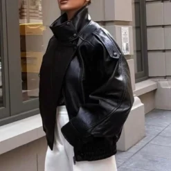 Alternative view of Faux Leather Jacket with Zipper Closure, Loose Fit and Stand Collar for Women, Long Sleeve Autumn/Winter Wear