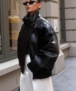 Alternative view of TFMLN Women's Faux Leather Jacket - Loose Fit, Stand Collar, Long Sleeve, Zipper Closure, Autumn/Winter Outwear