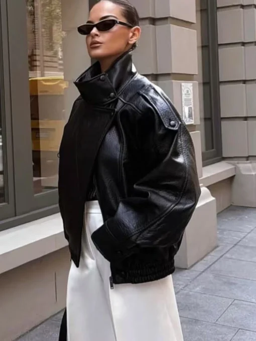 Faux Leather Jacket with Zipper Closure, Loose Fit and Stand Collar for Women, Long Sleeve Autumn/Winter Wear - Image 2