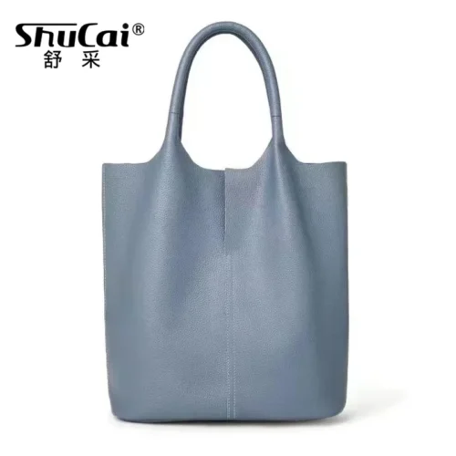 Genuine Grade Leather Women Commuter Tote Bag Ladies Soft Cowhide Tote Shoulder Handbag Large Female Bucket Bag Luxury Designer