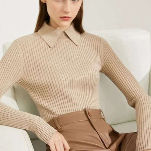 Amii Minimalism 2024 Sweater for Women Autumn New Office Lady Basic Lapel Striped Slim Knitted Tops Solid Trendy Blouse 12444058