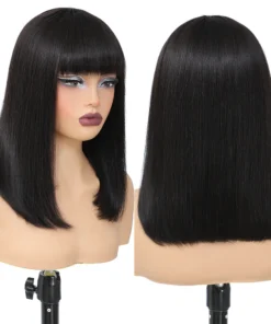 Alternative view of Short Bob Wig with Bangs Straight Human Hair Bob with Bangs Wig Human Hair 180% Density Straight Bang Bob Wig For Women