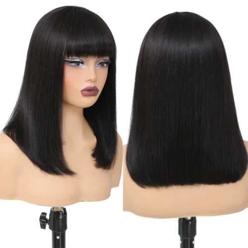 Alternative view of Short Bob Wig with Bangs Straight Human Hair Bob with Bangs Wig Human Hair 180% Density Straight Bang Bob Wig For Women