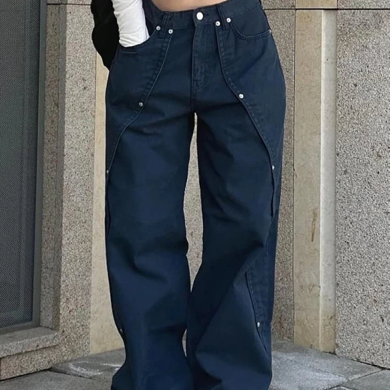 Vintage Retro Wide Leg Jeans for Women - Relaxed Fit with Rivet Patchwork and Split Design - Image 5