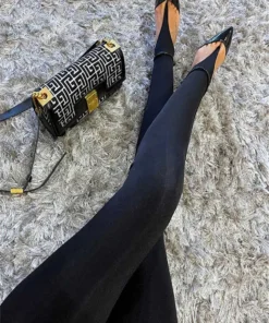 Korean Fashion Women's Black High-Waisted Skinny Pants with Glitter Detail