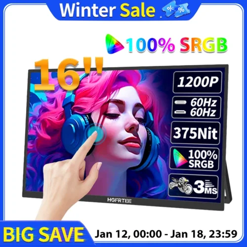 HGFRTEE 16-Inch Touchscreen Portable Monitor - 96% sRGB, 350 Cd/m², Type-C & HDMI-Compatible, Includes Stand
