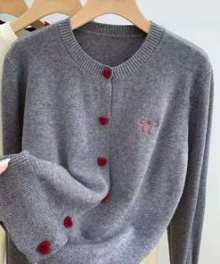 Alternative view of 2025 Women Knitted Cardigan Bow Embroidery O-Neck Single Breasted Heart-shaped Button Sweater Korean Casual Solid Knitting Tops