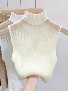 Mesh Knitted Tank Top with Cut Out Design for Women - Y2K Style Sleeveless Sweater - Beige, One Size
