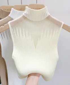 Mesh Knitted Top Women Y2K Tank Top Half Neck Vest Female Sleeveless Sweater Chic Cut Out Streetwear Solid Skinny Tube Top