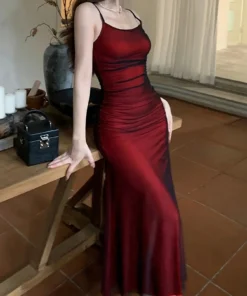 Elegant Camisole Red off Shoulder Sleeveless Pleated Skirt for Women's Slim fit Long Dress summer beach vacation party dress