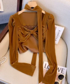 Women's Coffee Cropped T-shirt Harajuku Korean Y2k Tees Top Vintage 90s Aesthetic Long Sleeve T-shirts 2000s Clothes Autumn 2025