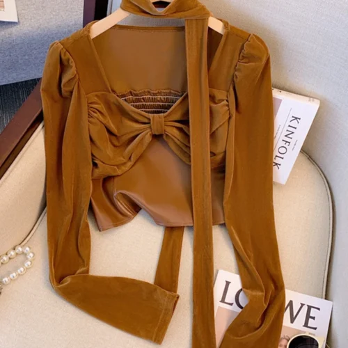 Women's Coffee Cropped T-shirt Harajuku Korean Y2k Tees Top Vintage 90s Aesthetic Long Sleeve T-shirts 2000s Clothes Autumn 2025