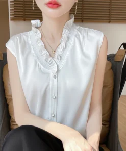 Alternative view of Mulberry Silk Wood Ear V-neck Vest Women's Summer Fashion Office Women's Clothes French Solid Color Top 2025 New Style