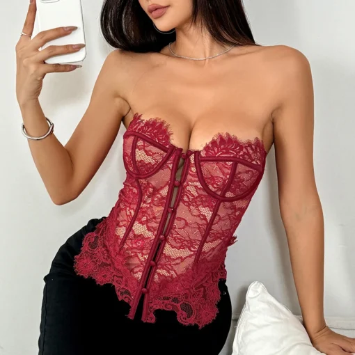 Lace Bandeau Tank Top with Push-Up Design for Women - Slim Fit Sexy Corset Crop Cami - Image 4