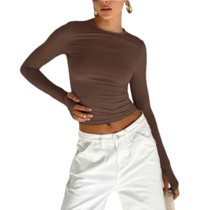 Long Sleeve Crew Neck T-shirt with Thumb Holes for Women - Solid Slim Fit Crop Top for Daily Streetwear - Brown, L