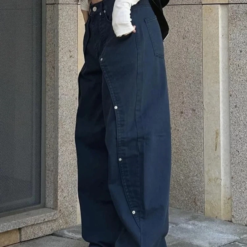 Vintage Retro Wide Leg Jeans for Women - Relaxed Fit with Rivet Patchwork and Split Design - Image 6