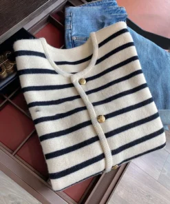 Alternative view of AOSSVIAO New 2025 Women Spring Autumn Sweaters O-neck Stripe Knitted Cardigan Fashion Long Sleeve Casual Short Tops Korean Style