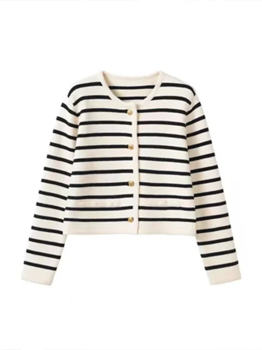 Knitted Cardigan with O-neck and Stripe Design for Women, Casual Long Sleeve Spring Autumn Top - Image 5