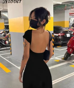 Alternative view of Nibber Solid Sexy Backless Maxi Dress Women Elegant Elastic Slim Short Sleeve Long dresses Female Bodycon Streetwear Clothing