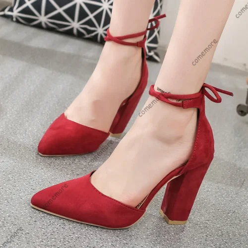 Alternative view of Comemore Sexy Female Pumps Solid Color Chunky High Heeled Shoes for Women Pointed Toe Anckle Lace Up Elegant Heel Women's Shoes