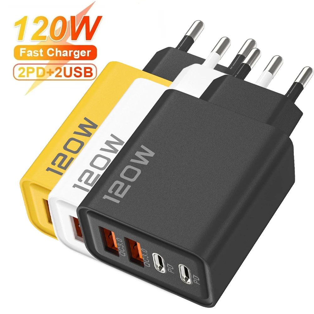 Quick Charge 3.0 Fast 120W 4-Port USB Type-C Wall Charger for iPhone and Samsung