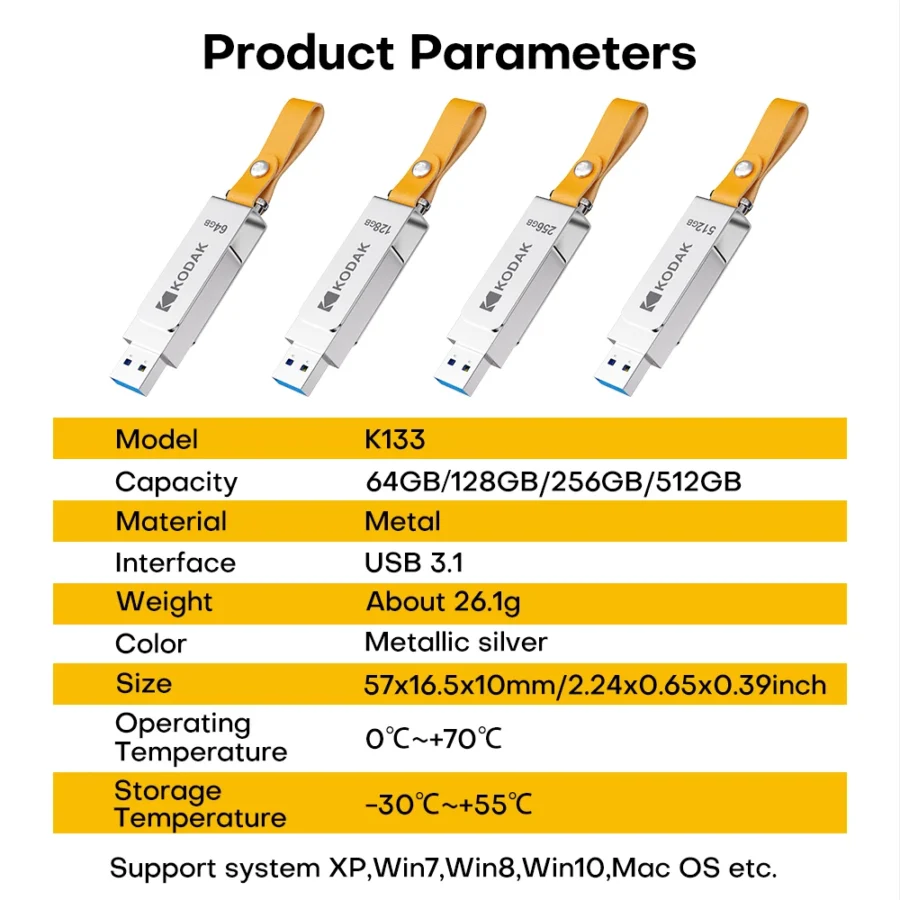 Kodak USB 3.1 Flash Drive - 64GB, 128GB, 256GB, 512GB, 120MB/s Read Speed, Metal Body with Leather Band - Image 6