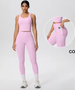 2pcs Women Yoga Set Gym Sports Running Quick Drying Yoga Pants With Pockets Solid Color Breathable Yoga Vest Tight Yoga Suit