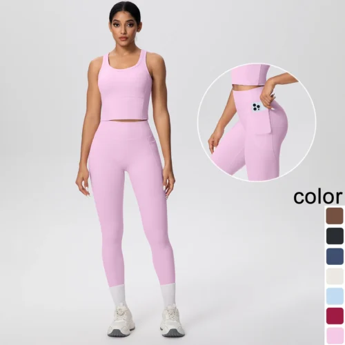 2pcs Women Yoga Set Gym Sports Running Quick Drying Yoga Pants With Pockets Solid Color Breathable Yoga Vest Tight Yoga Suit