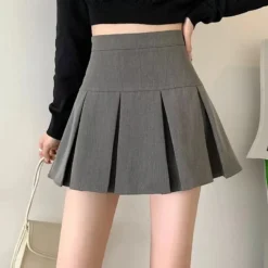 High Waist Pleated Mini Skirt in Vintage Gray for Women - Kawaii Korean Fashion