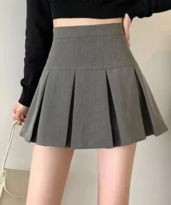 Vintage Gray High Waist Pleated Mini Skirt for Women - Kawaii Korean Fashion