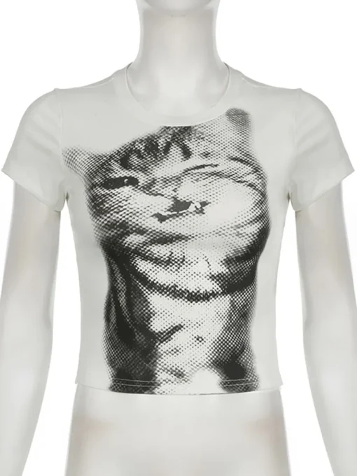 Crop Top with Animal Print Design in Basic White for Women, Casual Slim-fitting Y2K Vintage Style - Image 6